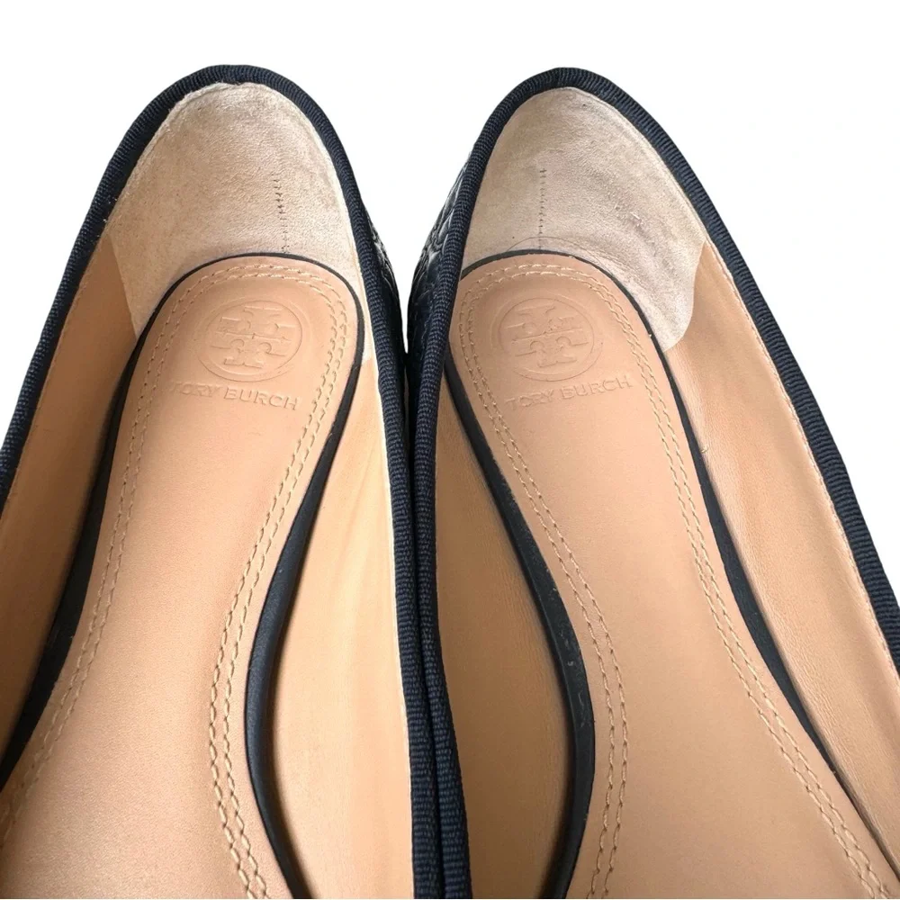 Tory Burch Marion Quilted Navy Blue Flats Leather Bow Detail